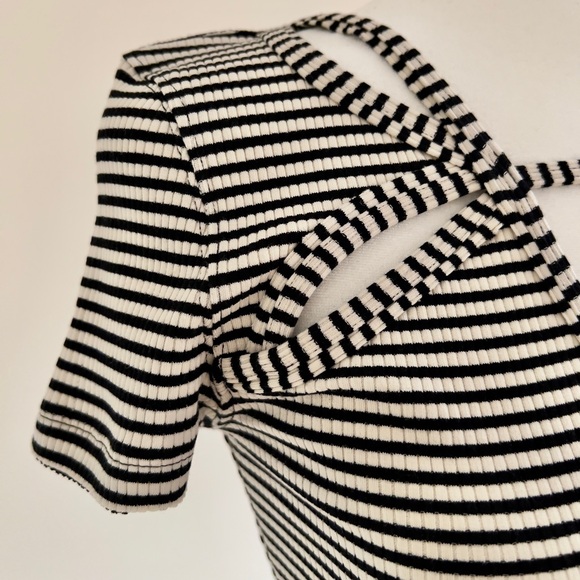 Free People, black and white striped T shirt with pretty cut-outs at neckline - Picture 3 of 10